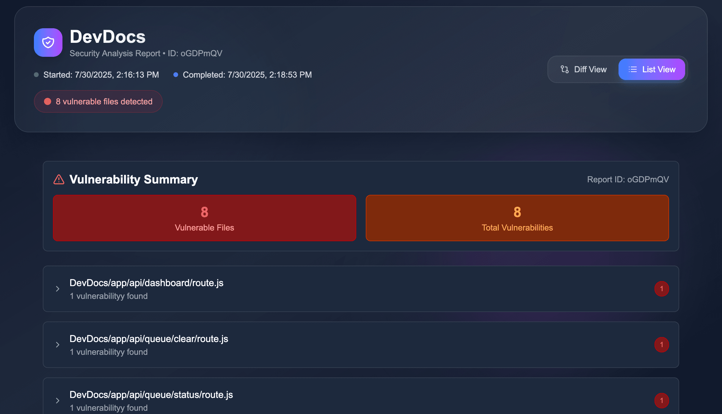 VibeScanr Dashboard showing security scan results